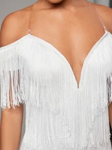 SHEIN BAE 挖肩流蘇邊緊身洋裝 - 白色 - 查看 5