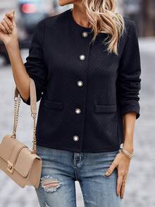 SHEIN LUNE Solid Button Front Jacket - Navy Blue - View 3