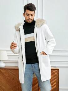 GENTILAND Áo khoác trùm đầu có chi tiết vá chữ cho nam túi đôi - trắng - Xem 4