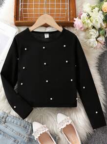 SHEIN Tween Girls' Pearl Decorated Top - Black - View 1
