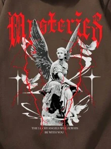 ROMWE MEN Street Life Nam Lá thư & In điêu khắc Túi kangaroo Dây rút Áo hoodie ấm áp - Rỉ Nâu - Xem 3