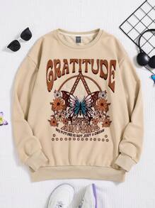 SHEIN LUNE Plus Fjäril & Citat Grafik Nedhasade aclar Sweatshirts - Kaki - Visa 1