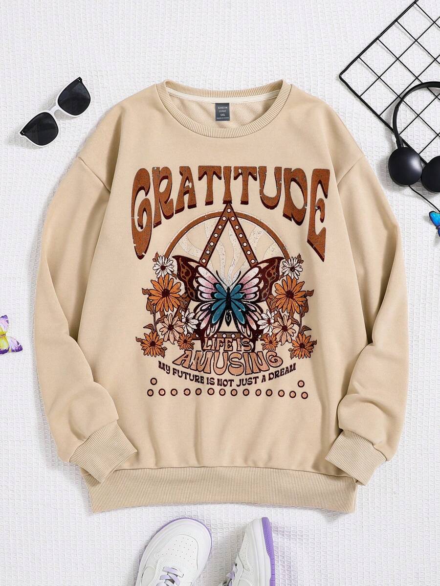 SHEIN LUNE Plus Fjäril & Citat Grafik Nedhasade aclar Sweatshirts - Kaki - Visa 1
