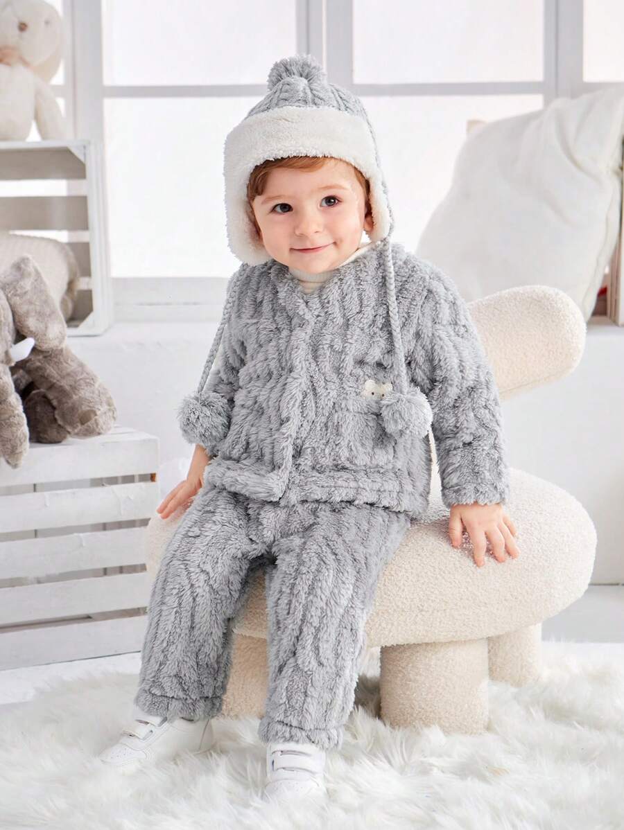 男嬰卡通刺繡法蘭絨夾克和褲子 - 彩色 - 查看 1