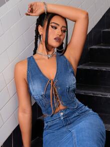SHEIN ICON Lace Up Front Crop Tank Denim Top - Medium Wash - View 4
