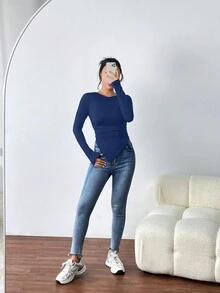 SHEIN Essnce 女士不对称下摆长袖 T 恤