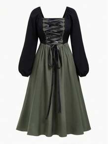 Flirla 大碼雙色前繫帶燈籠袖洋裝 - 彩色 - 查看 1