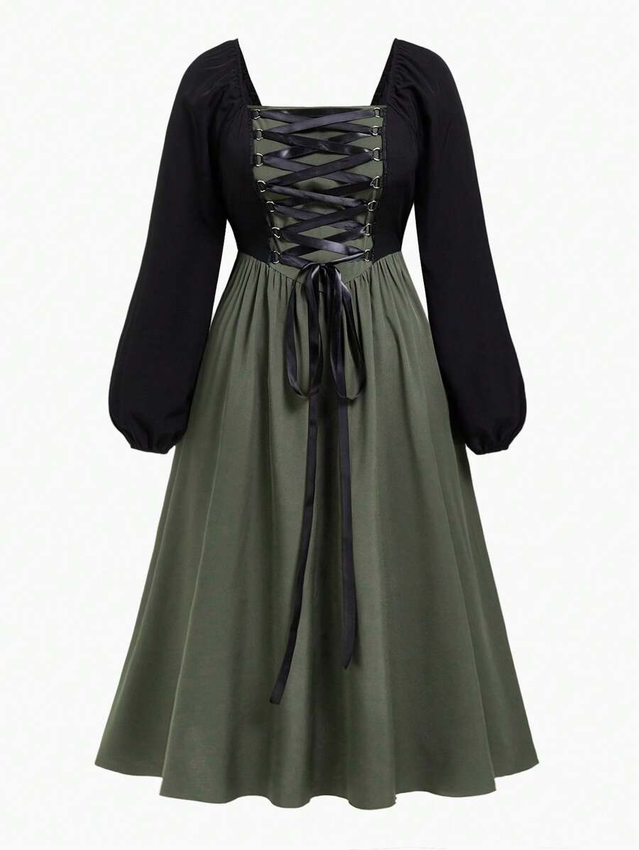 Flirla 大碼雙色前繫帶燈籠袖洋裝 - 彩色 - 查看 1