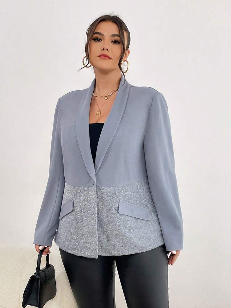 Plus Size Puff Sleeve Color Block Blazer
