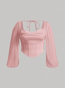 SHEIN MOD Plus Tie Backless Lantern Sleeve Crop Top - Dusty Pink - View 1