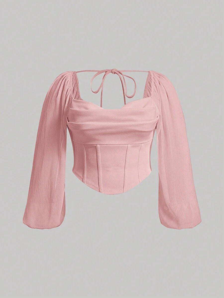SHEIN MOD Plus Tie Backless Lantern Sleeve Crop Top - Dusty Pink - View 1