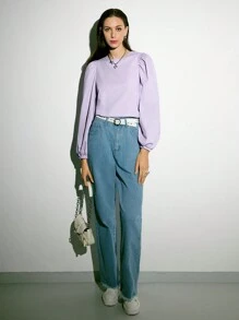 DAZY 純色泡泡袖上衣 - 紫丁香色 - 查看 6