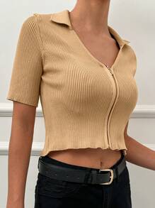 EURMUSE Zip Up Ribbed Knit Crop Cardigan - Camel - View 3