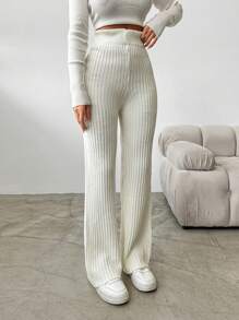 EURMUSE Solid Ribbed Knit Straight Leg Sweater Pants - Beige - View 4