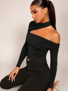 SHEIN BAE 不對稱領側收褶短款上衣 - 黑色 - 查看 3