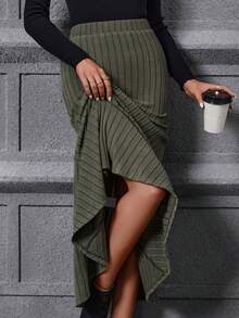 SHEIN LUNE Falda bajo de sirena unicolor tejido de canalé - Verde - Ver 4