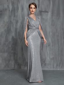 Vestido elegante de la madre de la novia con manga dividida, cola de sirena y lentejuelas - Gris - Ver 5