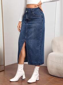 SHEIN Privé 高腰高衩牛仔半身裙 - 深色水洗藍 - 查看 5