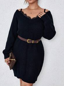 SHEIN Franclia 大碼睫毛蕾絲邊二合一毛衣洋裝不附腰帶 - 黑色 - 查看 5