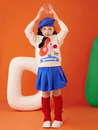 女大童人像圖案小絨球細節套頭毛衣