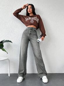 Cottnline High Waist Straight Leg Washed Denim Pants - Grey - View 5