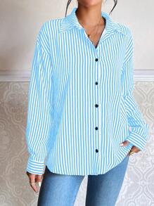 Chiquease Striped Print Drop Shoulder Shirt - Blue - View 3