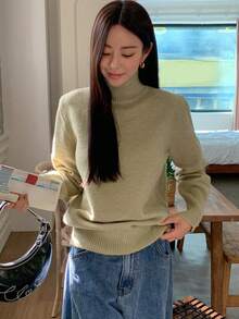Dazy Star High Neck Drop Shoulder Sweater - Green - View 4