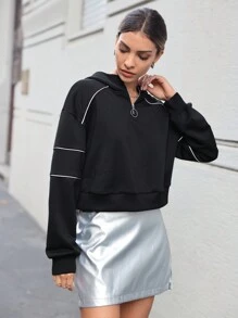 SHEIN Essnce 拼接滾邊落肩袖半拉鏈運動衫 - 黑色 - 查看 4