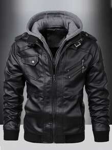 Men Long Sleeve Zip Up Hooded PU Leather Jacket, For Fall Winter