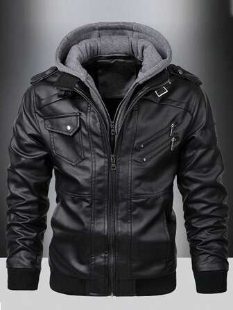Men Long Sleeve Zip Up Hooded PU Leather Jacket, For Fall Winter