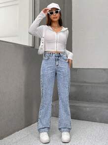 SHEIN PETITE Zipper Fly Flare Leg Jeans - Light Wash - View 4