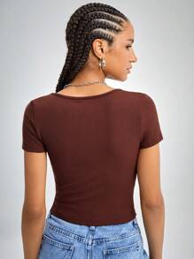 SHEIN EZwear Square Neck Rib-knit Form Fitted Tee - Chocolate Brown - View 2