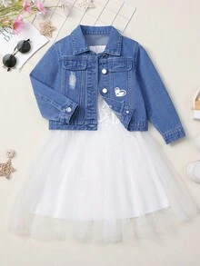 Young Girl Butterfly & Letter Graphic Denim Jacket - Medium Wash - View 2