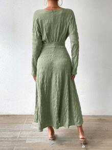 SHEIN Privé Chất rắn Cổ v Váy chữ A - màu xanh lá - Xem 5