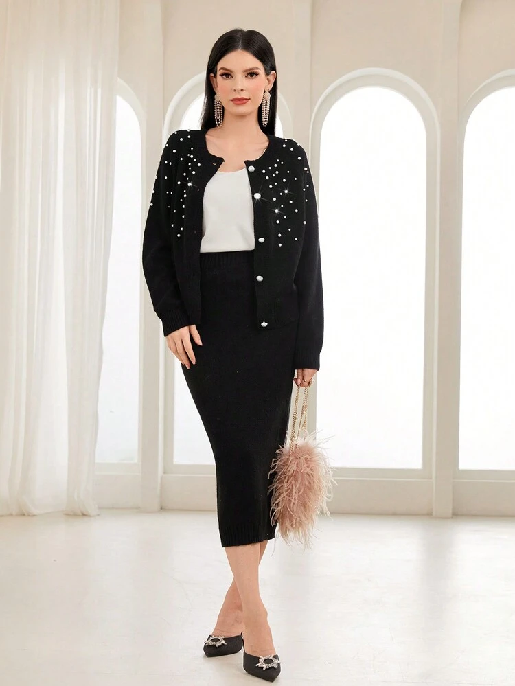 Pearls Beaded Cardigan & Knit Skirt 2 Piece Set Fall Cloth For Women