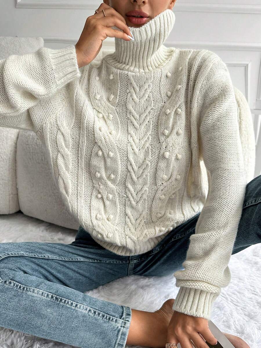 EURMUSE Turtleneck Cable Knit Sweater - trắng - Xem 1