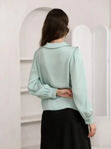 SHEIN Privé 荷葉邊前紐扣襯衫 - 綠色 - 查看 2