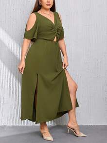 SHEIN Privé 大碼挖肩前扭結高衩洋裝 - 軍綠色 - 查看 5