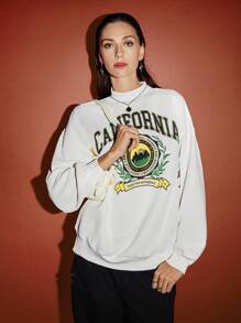 SHEIN EZwear Letter & Graphic Print Mock Neck Drop Shoulder Sweatshirt - White - View 4
