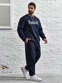 Manfinity Homme Men Plus Letter Graphic Sweatshirt & Sweatpants - Navy Blue - View 6