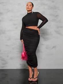 SHEIN BAE Hơn Cổ giả Mùa vụ Lưới Áo & Xù Váy bút chì - màu đen - Xem 3