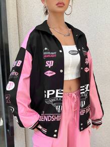 StreetHx Letter Graphic Colorblock Drop Shoulder Jacket Fall Winter Cloth For Women - Black - View 5
