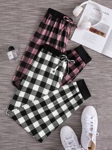 2pcs Plaid Print Tie Waist Pajama Sleep Pants, Fall Winter Clothes - Multicolor - View 1