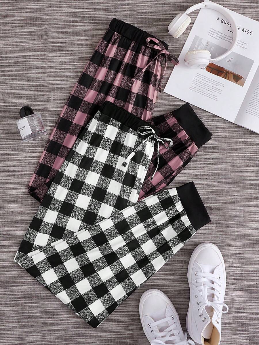 2pcs Plaid Print Tie Waist Pajama Sleep Pants, Fall Winter Clothes - Multicolor - View 1