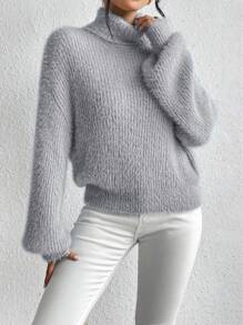 Chiquease Turtleneck Drop Shoulder Fluffy Knit Sweater,Long Sleeve Tops Knit Pullover Fall Winter Sweater - Grey - View 5