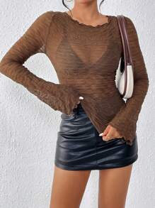 SHEIN Essnce Lettuce Trim Sheer Tee Without Bra - Chocolate Brown - View 6