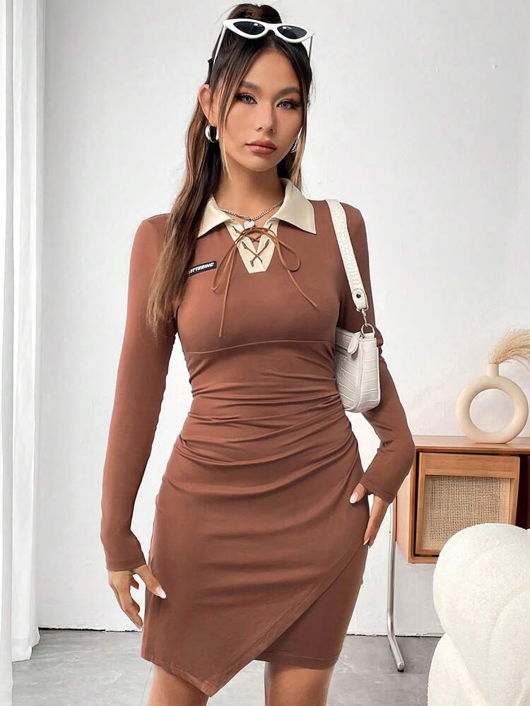 Letter Patched Detail Lace Up Front Ruched Side Bodycon Dress Fall Cloth For Women