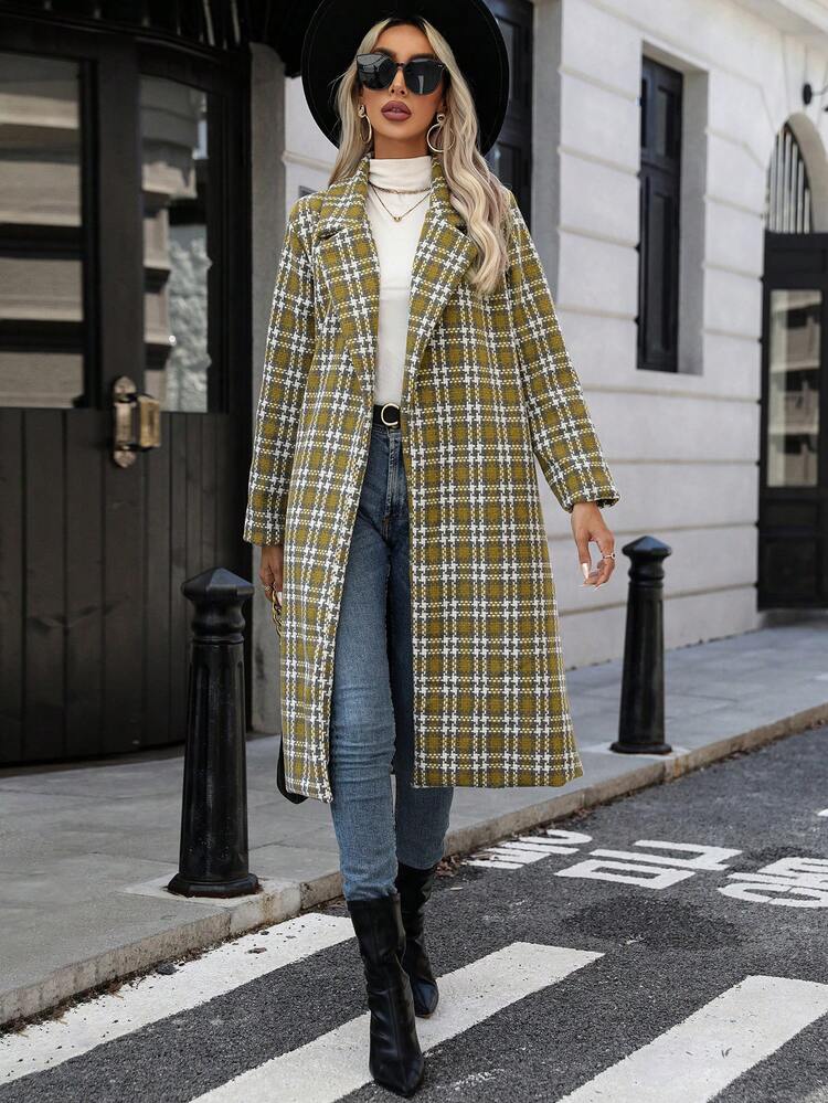 Plaid Print Lapel Neck Double Breasted Overcoat