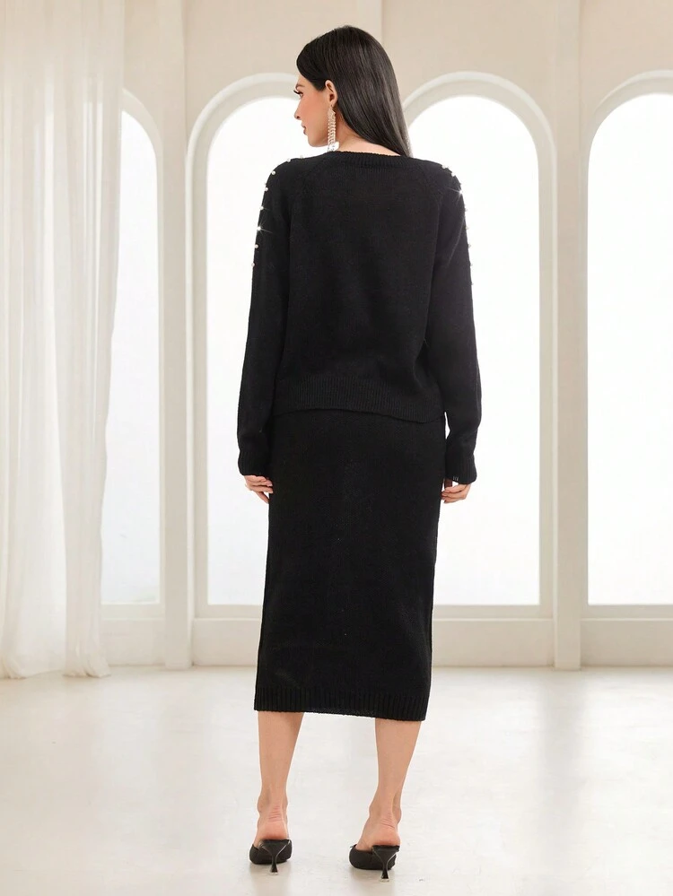 Pearls Beaded Cardigan & Knit Skirt 2 Piece Set Fall Cloth For Women