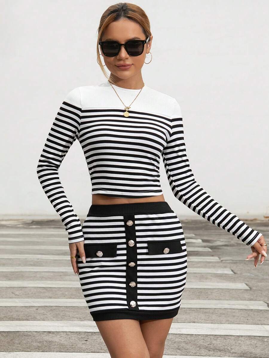 SHEIN Privé Striped Print Crop Tee & Bodycon Skirt - White - View 1